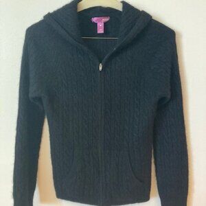 AQUA Girls' Cashmere Cable Cardigan black with hood, Big Kid - 100% Exclusive